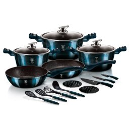 Berlinger Haus Aquamarine Batería Cocina Inducción 17 Piezas, Antiadherente Mármol sin PFOA, Aluminio, Set 3 Cazuelas, 3 Tapas Cristal, 2 Sartenes, 3 Cuchillos, 4 Utensilios, 2 Salvamanteles, Diseño