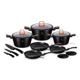 Berlinger Haus Black Rose Batería Cocina Inducción 14 Piezas, Antiadherente Mármol sin PFOA, Aluminio, Set 3 Cazuelas, 3 Tapas Cristal, 3 Sartenes, 3 Cuchillos, 2 Salvamanteles, Diseño, Vitrocerámica