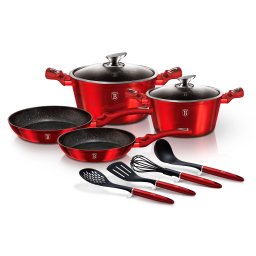 Berlinger Haus Burgundy Batería Cocina Inducción 10 Piezas, Antiadherente Mármol sin PFOA, Aluminio, Set 2 Cazuelas 2 Tapas Cristal, 2 Sartenes, 4 Utensilios, Diseño Metallic Line Rojo, Vitrocerámica
