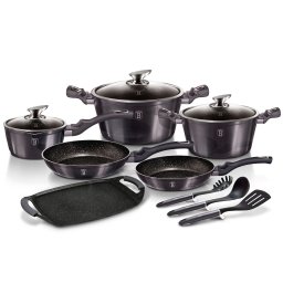 Berlinger Haus Carbon Pro Batería Cocina Inducción 12 Piezas, Antiadherente Mármol sin PFOA, Aluminio, Set 2 Cazuelas, 3 Tapas Cristal, 1 Cazo, 1 Plancha, 2 Sartenes, 3 Utensilios, Diseño Metallic Line