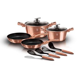 Berlinger Haus Rose Gold Batería Cocina Inducción 10 Piezas, Antiadherente Mármol sin PFOA, Aluminio, Set 2 Cazuelas 2 Tapas Cristal, 2 Sartenes, 4 Utensilios, Diseño Metallic Line, Vitrocerámica