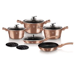Berlinger Haus Rose Gold Batería Cocina Inducción 11 Piezas, Antiadherente Mármol sin PFOA, Aluminio, Set 3 Cazuelas, 4 Tapas Cristal, 1 Grill, 1 Sartén, 2 Salva Manteles, Diseño Metallic Line