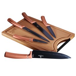 Berlinger Haus Rose Gold Juego 5 Cuchillos Cocina Profesional Tabla Cortar Bambú, Hoja Acero Inoxidable Recubrimiento Antiadherente, Cocinero, Cebollero, Pan, Rebanador, Pelar, Diseño Metallic Line