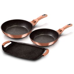 Berlinger Haus Rose Gold Juego 2 Sartenes 22-26cm y Plancha Asar Inducción 36x23cm, Aluminio Forjado, Antiadherente Ecológico Marmol sin PFOA, Diseño Metallic Line, Asas Silicona, Vitrocerámica, Gas