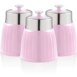 Swan Retro SWKA1024PN Set 3 Botes Cocina Almacenaje 1,2 L Herméticos, Envases de Plástico y Acero Inoxidable, para Especias, Té ,Café, Pasta, Cereales, Arroz, Juego Tarros Diseño Vintage, Rosa