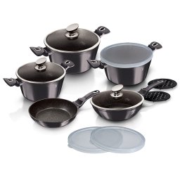 Berlinger Haus Carbon Pro Batería Cocina Inducción 13 Piezas, Antiadherente Mármol sin PFOA, Aluminio, Set 3 Cazuelas, 3 Tapas Cristal 3 Herméticas, 2 Sartenes, 2 Salva Manteles, Vitrocerámica