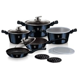 Berlinger Haus Aquamarine Batería Cocina Inducción 13 Piezas, Antiadherente Mármol sin PFOA, Aluminio, Set 3 Cazuelas, 3 Tapas Cristal 3 Herméticas, 2 Sartenes, 2 Salva Manteles, Vitrocerámica