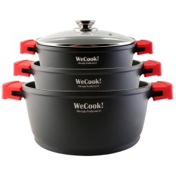 WECOOK! Ecostone Batería Cocina Inducción 6 Piezas, Aluminio Fundido 5mm, 3 Ollas, Antiadherente XTRA DUPON sin PFOA, Set Cazuelas Tapas Cristal, Asas Silicona, Vitrocerámica, Gas, Stone3