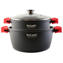 WECOOK! Ecostone Batería Cocina Inducción 4 Piezas, Aluminio Fundido 5mm, 2 Ollas, Antiadherente XTRA DUPON sin PFOA, Set Cazuelas Tapas Cristal, Asas Silicona, Vitrocerámica, Gas, Stone2A