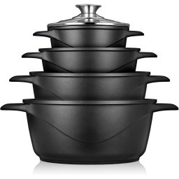 briebe MGK-12 Batería Cocina Inducción 8 Piezas, Juego 4 Ollas Aluminio Fundido, Antiadherente ILAG GRANITEC sin PFOA, Set Cazuelas Tapas Cristal, Guantes Silicona, Vitrocerámica, Gas, Horno