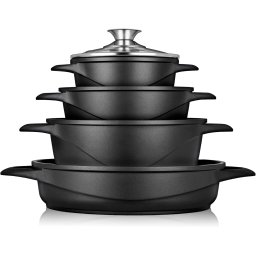 briebe MGK-17 Batería Cocina Inducción 8 Piezas, Juego 4 Ollas Aluminio Fundido, Antiadherente ILAG GRANITEC sin PFOA, Set Cazuelas Tapas Cristal, Guantes Silicona, Vitrocerámica, Gas, Horno
