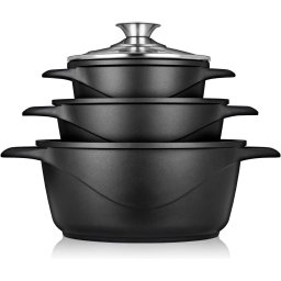 briebe MGK-18 Batería Cocina Inducción 6 Piezas, Juego 3 Ollas Aluminio Fundido, Antiadherente ILAG GRANITEC sin PFOA, Set Cazuelas Tapas Cristal, Guantes Silicona, Vitrocerámica, Gas, Horno