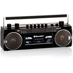 Roadstar RCR-3025EBT/BK Radio Cassette Vintage Años 80 Portátil Multibanda AM /FM /SW, Bluetooth, Retro Boombox Reproductor Grabador a Cinta, USB y Tarjeta SD, Conexión Auriculares, Negro