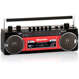 Roadstar RCR-3025EBT/RD Radio Cassette Vintage Años 80 Portátil Multibanda AM /FM /SW, Bluetooth, Retro Boombox Reproductor Grabador a Cinta, USB y Tarjeta SD, Conexión Auriculares, Negro/ Rojo