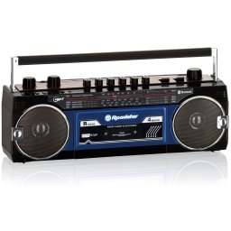 Roadstar RCR-3025EBT/BL Radio Cassette Vintage Años 80 Portátil Multibanda AM /FM /SW, Bluetooth, Retro Boombox Reproductor Grabador a Cinta, USB y Tarjeta SD, Conexión Auriculares, Negro / Azul