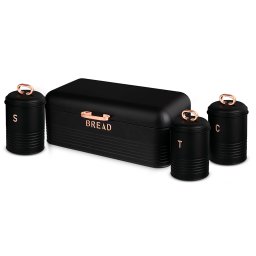 Berlinger Haus Black Rose Panera de Mesa + Juego de 3 Botes Cocina Almacenaje, Acero Inoxidable Resistente, Contenedor para Guardar Pan y Bollería con Tapa, Negro /Oro Rosa