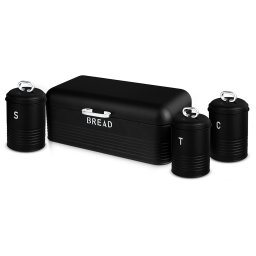 Berlinger Haus Black Silver Panera de Mesa + Juego de 3 Botes Cocina Almacenaje, Acero Inoxidable Resistente, Contenedor para Guardar Pan y Bollería con Tapa, Negro /Inox