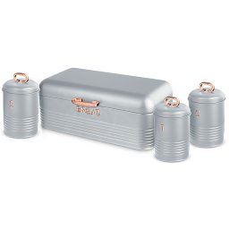 Berlinger Haus Moonlight Panera de Mesa + Juego de 3 Botes Cocina Almacenaje, Acero Inoxidable Resistente, Contenedor para Guardar Pan y Bollería con Tapa, Gris /Oro Rosa