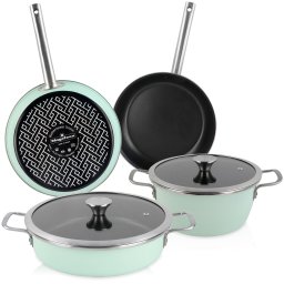 Magefesa Nordic Batería Cocina Inducción 6 Piezas, Antiadherente Libre PFOA Esmalte Exterior Verde Menta, Set Cazuelas Tapa Vidrio, Sartenes, Herrajes Inox Satinados, Retro Estilo Vintage