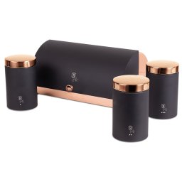 Berlinger Haus Black Rose Set Panera de Mesa + Juego de 3 Botes Cocina Almacenaje, Acero Inoxidable, Contenedor para Guardar Pan y Bollería, Tapa Deslizante, Diseño Moderno, Bread Box, Negro Mate /Oro Rosa