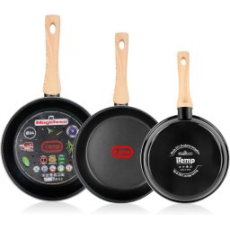 Magefesa Orbe Juego 3 Sartenes Inducción 20-24-26 cm, Antiadherente Libre PFOA, Mango Efecto Madera, Esmalte Exterior Negro, Diseño Moderno, Acero Vitrificado ECO