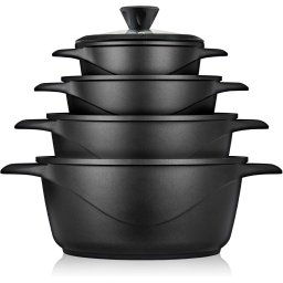 briebe MGK-12S Batería Cocina Inducción 8 Piezas, Juego 4 Ollas Aluminio Fundido, Antiadherente ILAG GRANITEC sin PFOA, Set Cazuelas Tapas Cristal, Guantes Silicona, Vitrocerámica, Gas, Horno