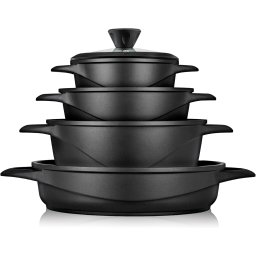 briebe MGK-17S Batería Cocina Inducción 8 Piezas, Juego 4 Ollas Aluminio Fundido, Antiadherente ILAG GRANITEC sin PFOA, Set Cazuelas Tapas Cristal, Guantes Silicona, Vitrocerámica, Gas, Horno