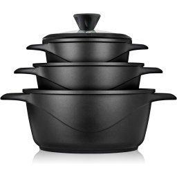 briebe MGK-18S Batería Cocina Inducción 6 Piezas, Juego 3 Ollas Aluminio Fundido, Antiadherente ILAG GRANITEC sin PFOA, Set Cazuelas Tapas Cristal, Guantes Silicona, Vitrocerámica, Gas, Horno