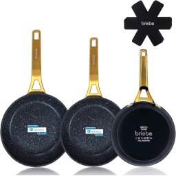 briebe Gold Titanium Juego 3 Sartenes Antiadherentes Inducción Titanio 20-24-28cm, Aluminio Forjado Recubrimiento sin PFOA, Mango Profesional Acero Inox, Vitrocerámica, Gas, 3 Protectores