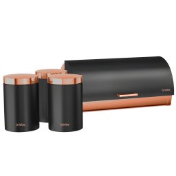 briebe Set Panera de Mesa + Juego de 3 Botes Cocina Almacenaje, Acero Inoxidable, Contenedor para Guardar Pan y Bollería, Tapa Deslizante, Diseño Moderno, Bread Box, Negro Mate / Oro Rosa