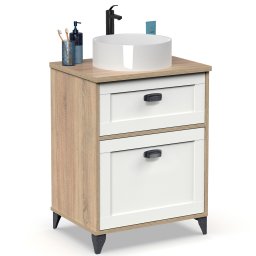 briebe Mueble Baño 60 cm, Lavabo Sobre Encimera No Incluido, Armario Auxiliar Estilo Vintage 80x61x47 cm, Espacio de Almacenamiento 1 Cajón, 1 Puerta, Eterna Roble Cambrian / Blanco