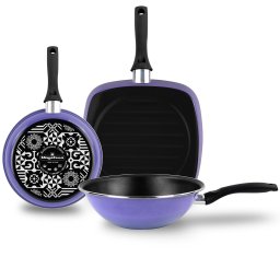 Magefesa Set Sarten, Grill y Wok Inducción 24-27-28 cm, Antiadherente Libre PFOA, Mango Ergonómico Profesional, Diseño Moderno, Acero Vitrificado ECO, Esmalte Exterior Very Peri