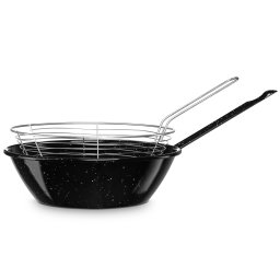briebe Sartén Freidora con Cestillo Inducción 28 cm Acero Esmaltado, Sartén Honda Bordonada 4,3 L, Apta Vitrocerámica, Fuego, Gas, Horno, Levante Negro Jaspeado
