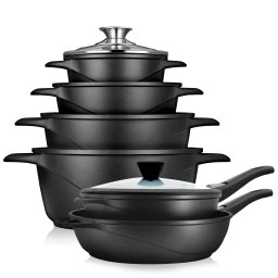 briebe Batería Cocina Inducción 12 Piezas, Juego 4 Ollas Aluminio Fundido + 2 Sartenes, Antiadherente ILAG GRANITEC sin PFOA, Set Cazuelas Tapas Cristal, Guantes Silicona, Vitrocerámica, Gas, Horno