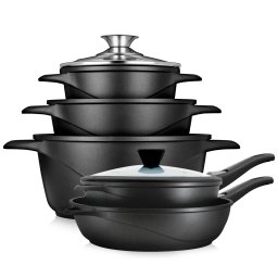 briebe Batería Cocina Inducción 10 Piezas, Juego 3 Ollas Aluminio Fundido + 2 Sartenes, Antiadherente ILAG GRANITEC sin PFOA, Set Cazuelas Tapas Cristal, Guantes Silicona, Vitrocerámica, Gas, Horno