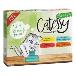 Catessy Bocaditos en salsa en tarrinas 56 x 85 g - Pack Ahorro - Mix con 4 variedades (pollo. salmón, vacuny e hígado y corazón)
