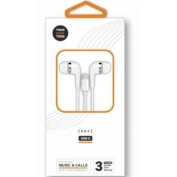 Auriculares Tech One Tech earTECH con cable USB-C para música y llamadas con micrófono, reducción de ruido y controles integrados blancos