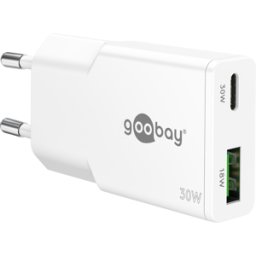 GOOBAY 75738 - Cargador USB dual, 30 W, 1x USB-C PD 1x USB-A QC, GaN, blanco