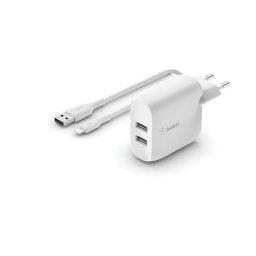 Cargador de dispositivos móviles Belkin WCD001VF1MWH 24 W 2 Puertos USB-A Blanco con cable Lightning