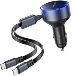 Cargador coche Vention FFOB0 USB-C y Lightning retráctil aluminio 60 W