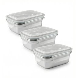 Ibili Keepklin - Lote De 3 Recipientes Rectangulares De 0.6l En Acero Inox. Apto Microondas