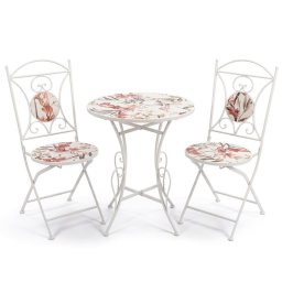 2 Sillas y Mesa Jardín Tapa de Flores y Forja Blanca Serie Audyn