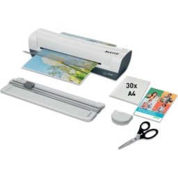Laminadora Leitz iLAM Home A4 gris y blanca con accesorios y calentamiento rápido