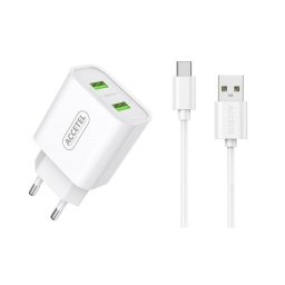 Cargador de pared Accetel Ac327 Dual USB 2.4A con cable USB-C 1 m