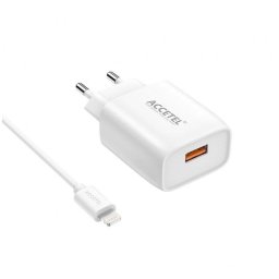 Cargador de pared Accetel Ac433 carga rápida QC 18W cable Lightning blanco