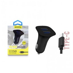 Cargador coche Accetel Cc158 USB-A 2.1A USB-C cable 100 cm negro