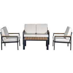 Set Sofá, 2 Sillones y Mesa Aluminio y Resina Madera Adarbe