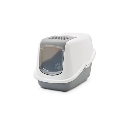 Caja de arena cubierta Savic Nestor para gatos gris y blanca con filtro y asa