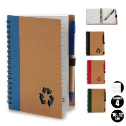 Pack 4 Libretas De Cartón Reciclado + Boligrafo 16x12 Cm. Surtido 4 Diseños.