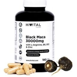 Hivital Foods HIVITAL Maca negra peruana 30000 mg con L-Arginina Zinc Vit B6 y B12 180 cáps